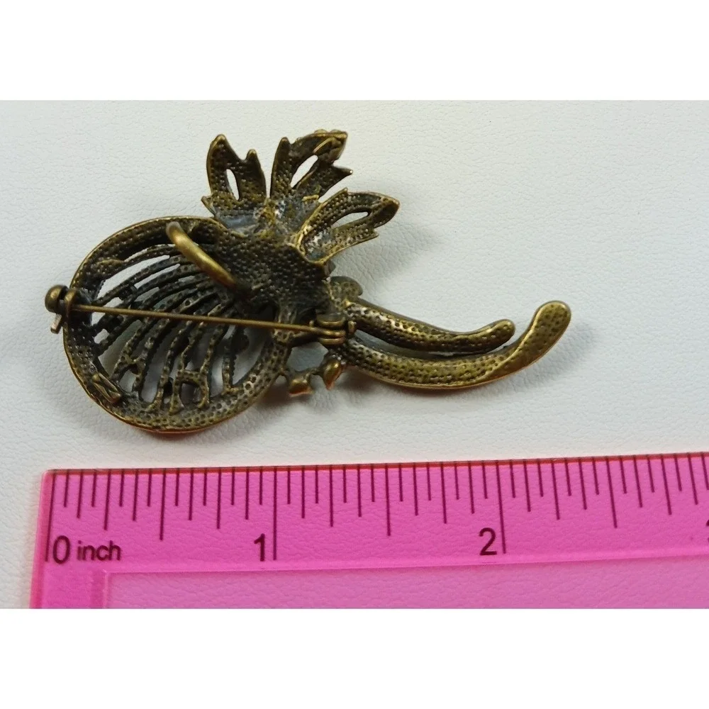 Vintage Green Rhinestone Brooch Pendant Bronze Tone‎ Floral Pin Unisex